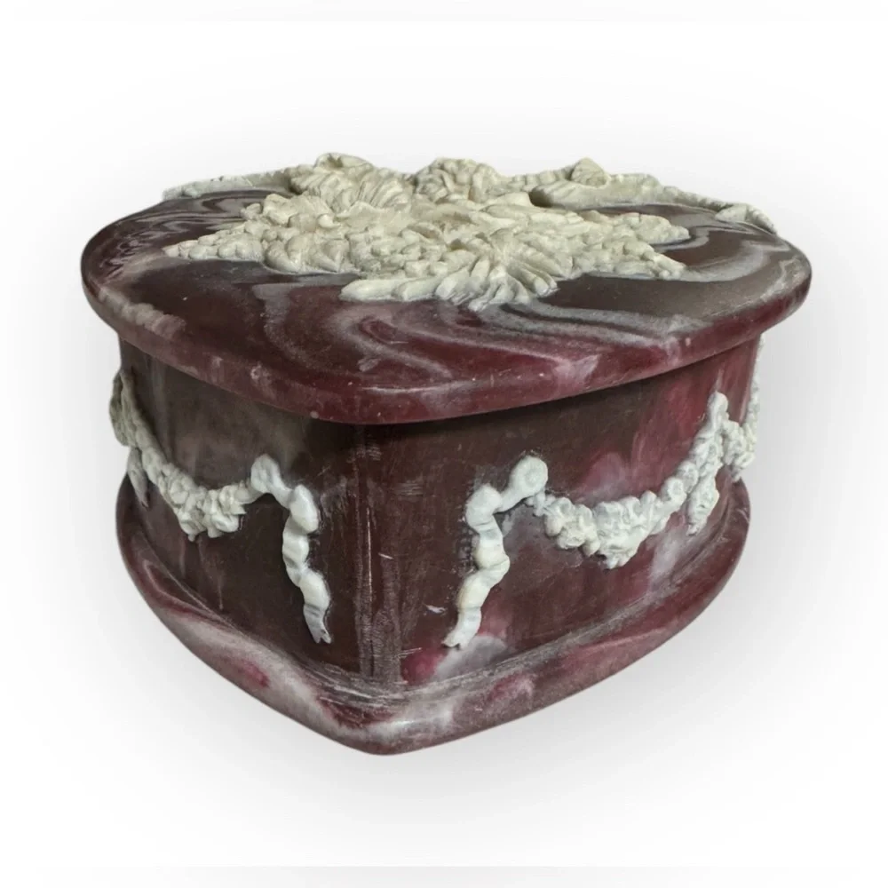 Vintage Incolay Heart Box with Carved Roses and Ribbon, Incolay Studios